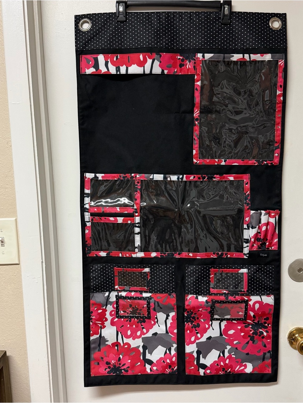 Black and Red Floral Hanging Organizer Pocket Panel
